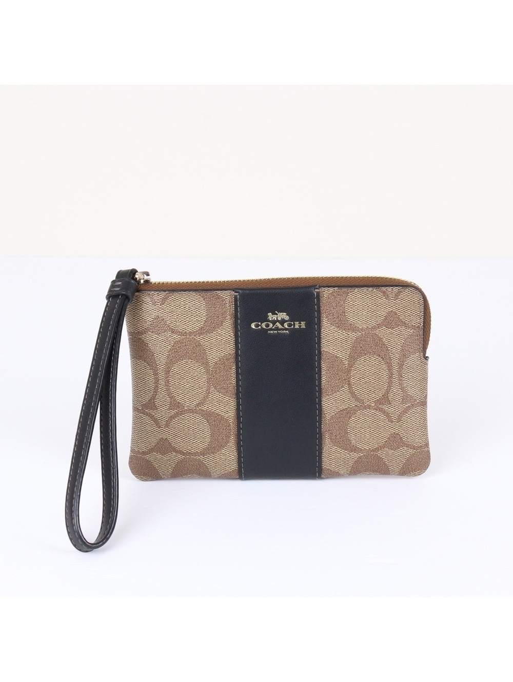 Coach Corner Zip Wristlet Signature Canvas Black Leather Trim